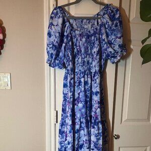 SHEIN Women's Blue Floral Smocked Midi Dress Puff Sleeve Tiered Boho Style Large